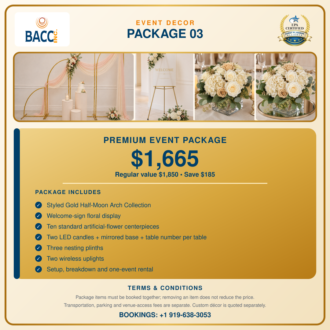 Premium Event Package with gold arches, welcome sign, floral centerpieces and plinths