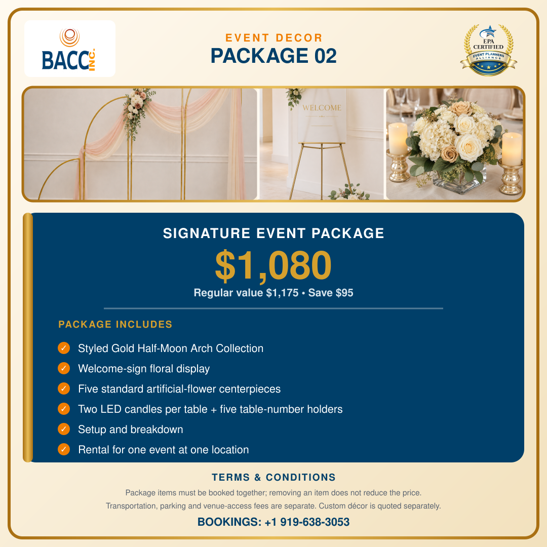 Signature Event Package with gold arches, welcome sign and floral centerpiece