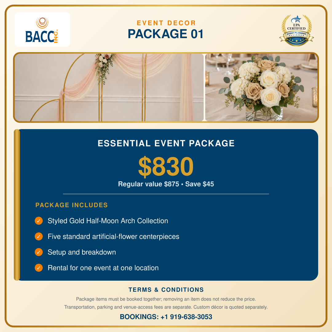 Essential Event Package with gold half-moon arches and floral centerpiece